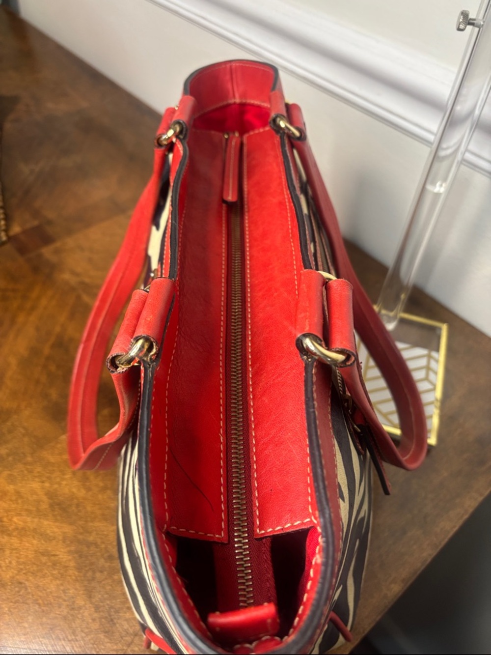 Dooney & Bourke Red Leather Trim Zebra-Print Tote Bag - Picture 9 of 16
